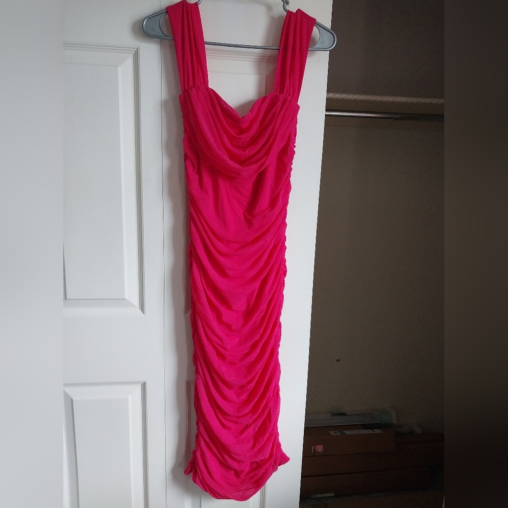 PRETTYGARDEN Rose Red Summer Off The Shoulder Ruched Bodycon Dress, Size Medium
